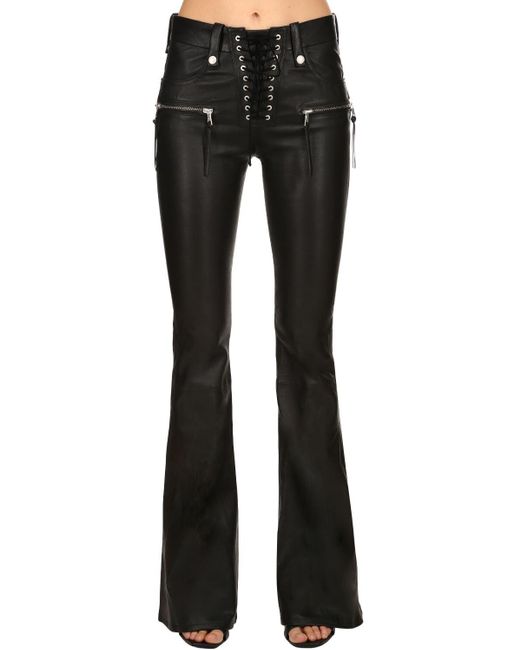 Unravel Project Black Flared Lace-up Leather Pants