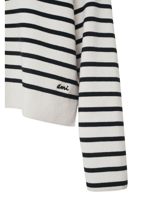 AMI Gray Striped Cotton & Wool Polo Sweater