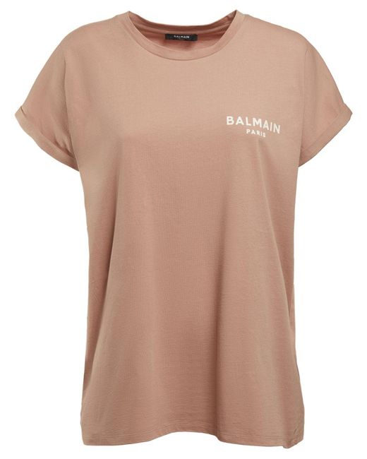 Camiseta de jersey de algodón con logo floqueado Balmain de color Natural