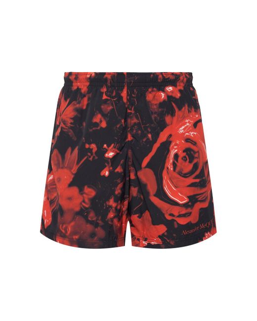 Alexander McQueen Red Wax Floral Print Nylon Swim Shorts for men