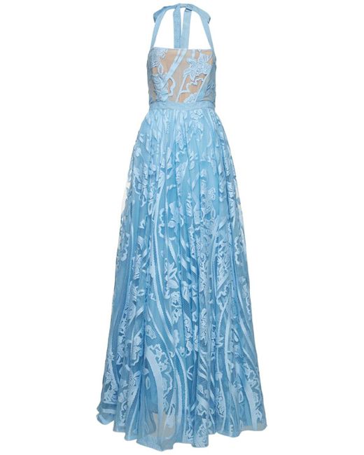 Zuhair Murad Blue Windy Lace Square Neck Long Dress