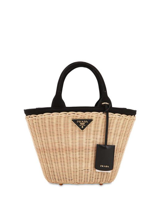 Prada Black Wicker And Canvas Basket Bag