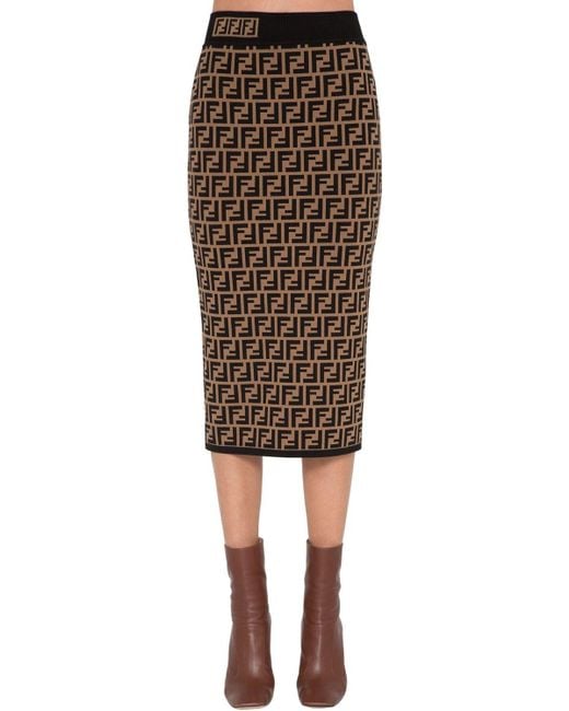 Fendi Brown Ff-jacquard High-rise Knit Pencil Skirt