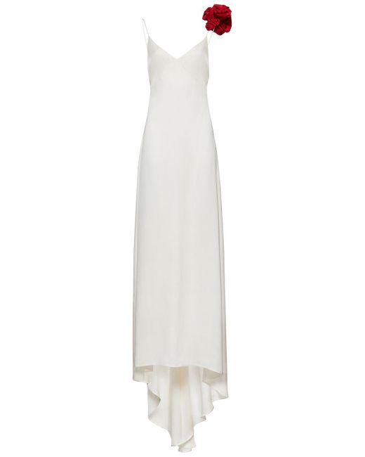 Magda Butrym White Satin Silk Long Dress W/ 3D Rose Detail