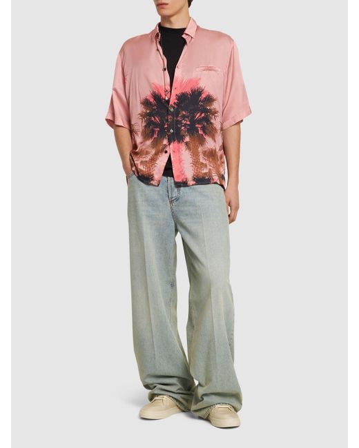 Laneus Pink Palm Print Viscose S/s Shirt for men