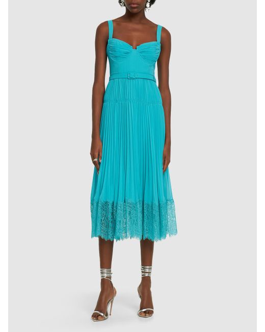 Self-Portrait Blue Lace-Trimmed Chiffon Midi Dress