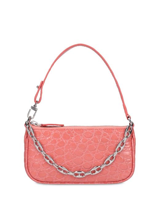 BY FAR Leather Mini Rachel Croc Embossed Top Handle Bag in Salmon Pink ...