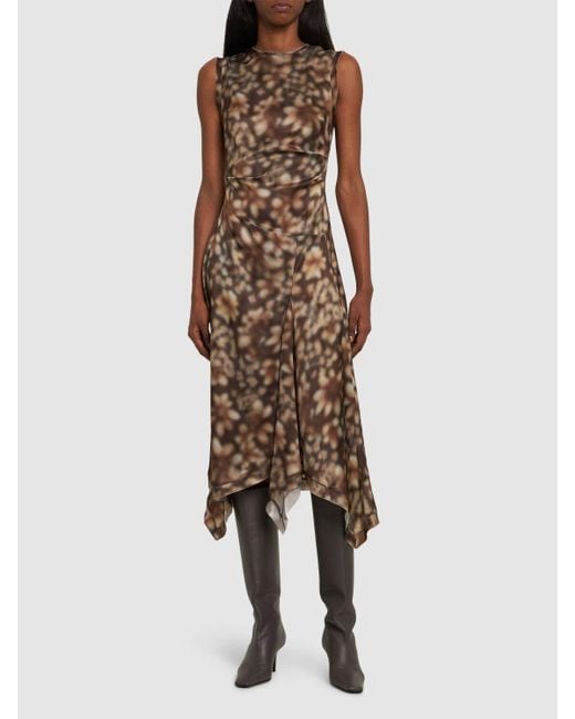 Acne Natural Printed Satin Sleeveless Midi Dress