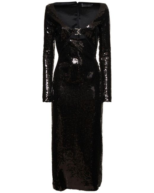 David Koma Black Logo Buckle Sequined Midi Dress