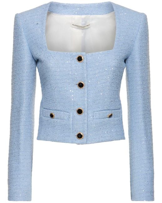 Alessandra Rich Blue Sequined Tweed Square Neck Jacket