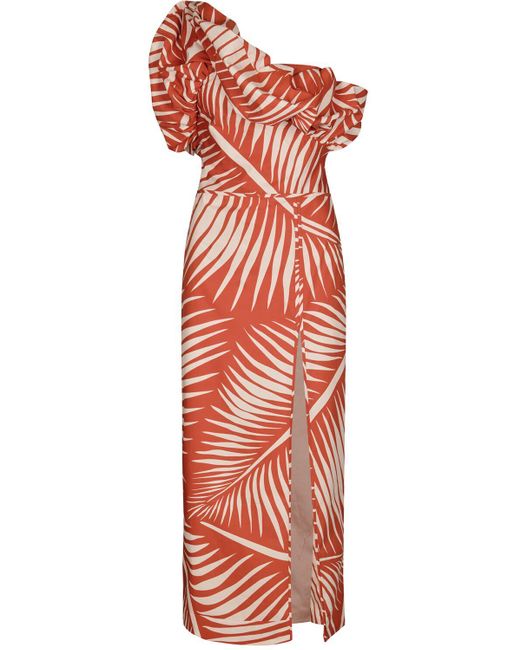 Johanna Ortiz Orange Printed Poplin One-Shoulder Midi Dress