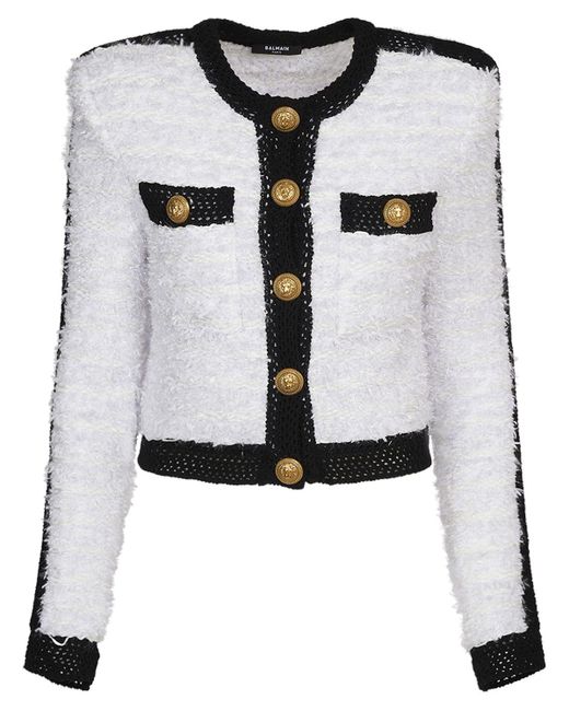 Balmain Black Tweed Knit Cropped Jacket