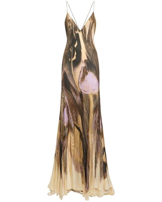 Roberto Cavalli Natural Printed Viscose Satin Long Dress