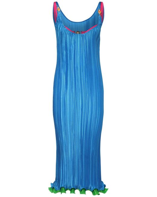 Versace Blue Ruffled Plissé Satin Long Dress