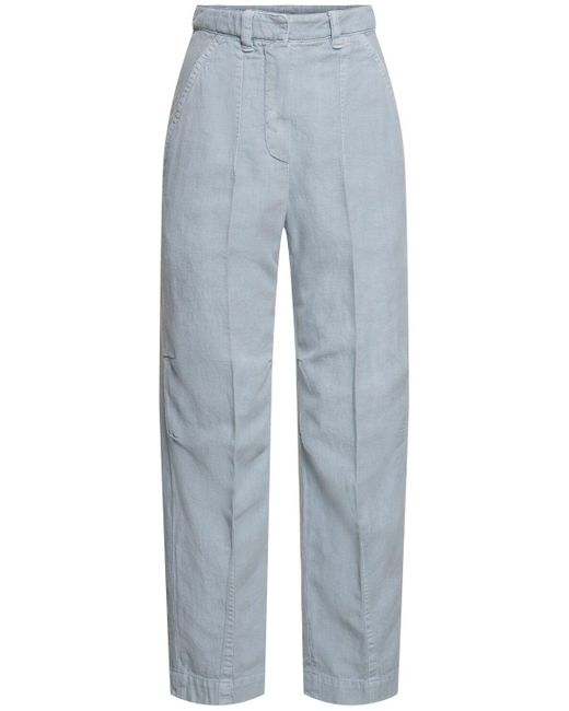 Brunello Cucinelli Blue Cotton & Linen Wide Pants