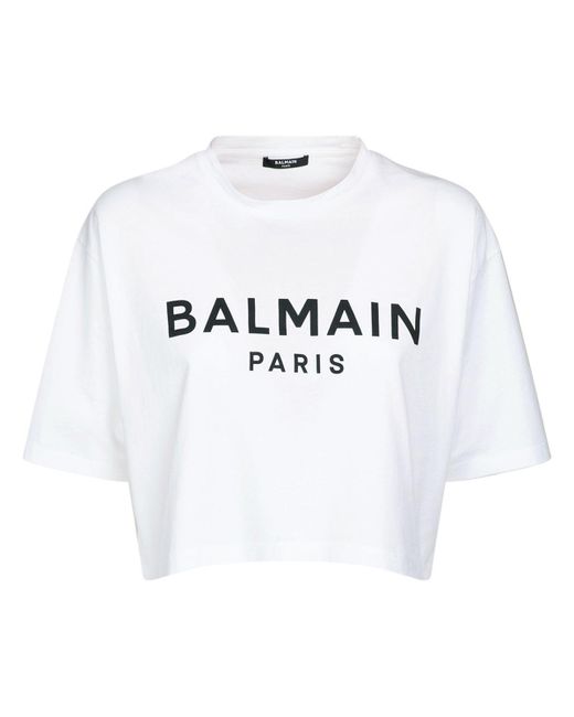 Balmain White Logo Print Cropped Cotton Jersey T-Shirt