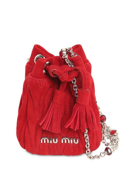 Miu Miu Red Mini Suede Bucket Bag W/ Crystal Strap