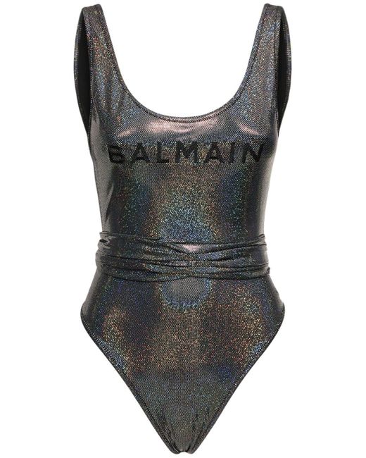 Balmain Gray Iridescent Logo Print Belted Swimsuit