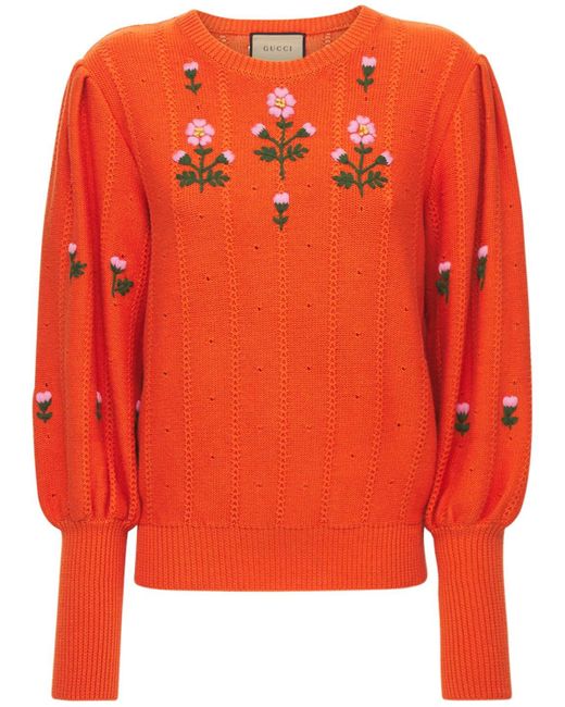 Gucci Orange Pullover aus Woll Baumwollstrick mit Blumen Stickerei