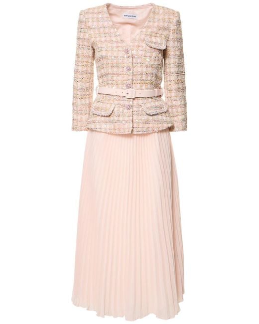 Self-Portrait Pink Midikleid Aus Bouclé-tweed Und Plissiertem Chiffon Mit Pailletten Und Gürtel
