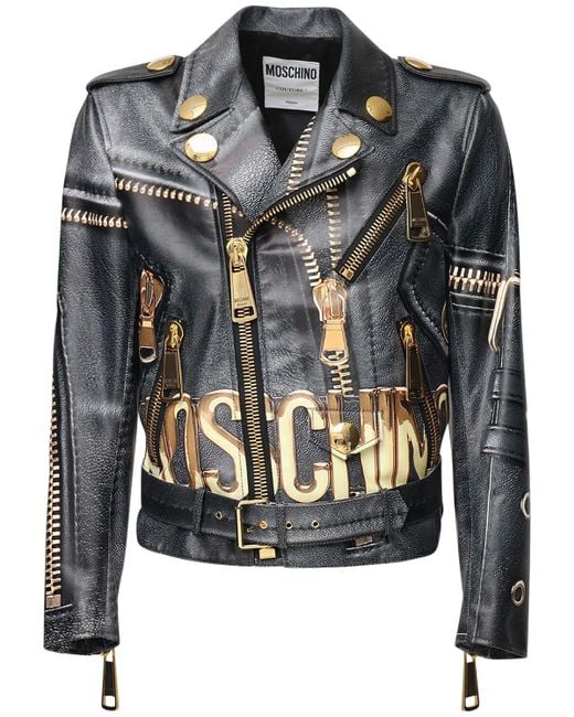 Moschino Multicolor All Over Logo Print Leather Biker Jacket for men