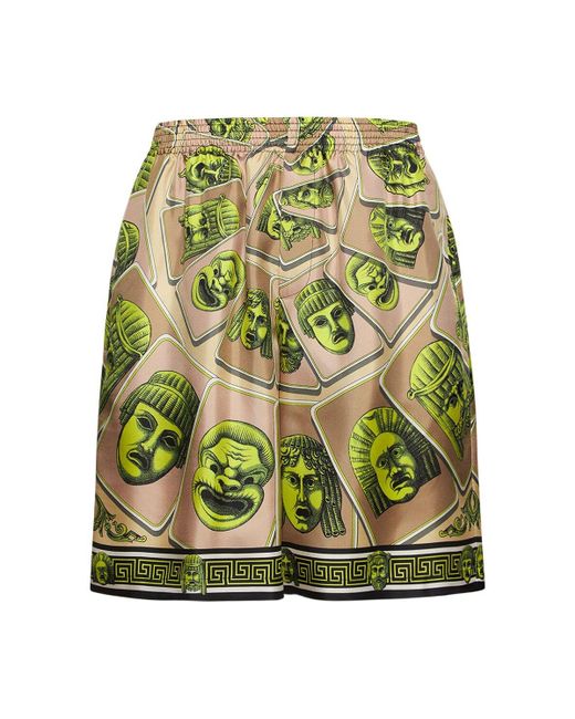 Shorts in twill di seta stampata di Versace in Green da Uomo