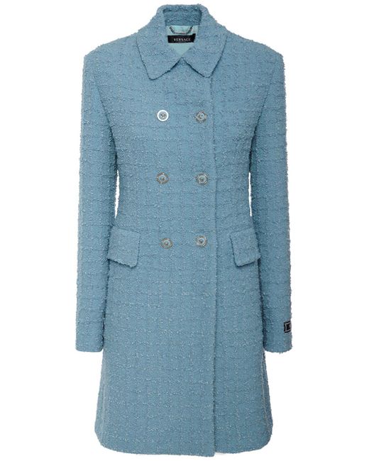 Versace Blue Zweireihiger Mantel Aus Tweed