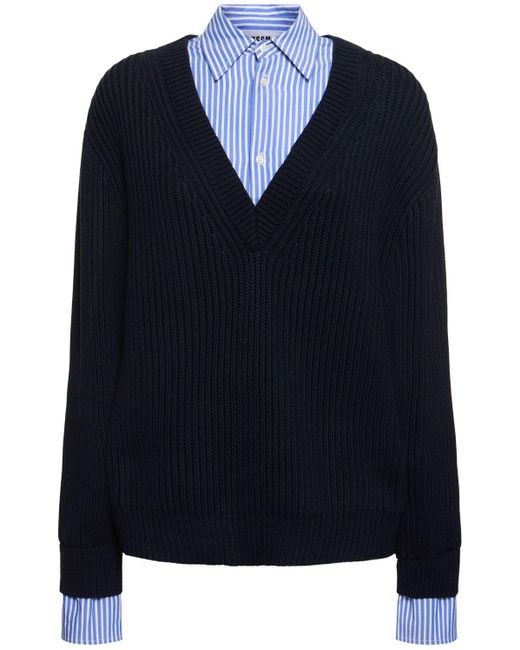 MSGM Blue Cotton V-Neck Sweater