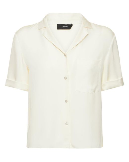 Theory Camp Silk Satin Short Sleeve Shirt in White | Lyst
