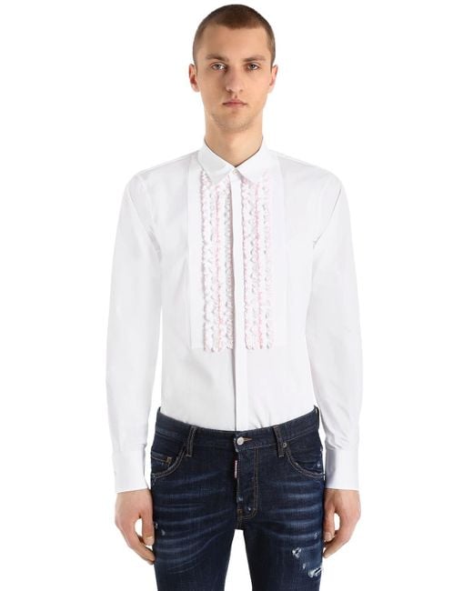 DSquared² White Ruffled Cotton Poplin Tuxedo Shirt for men