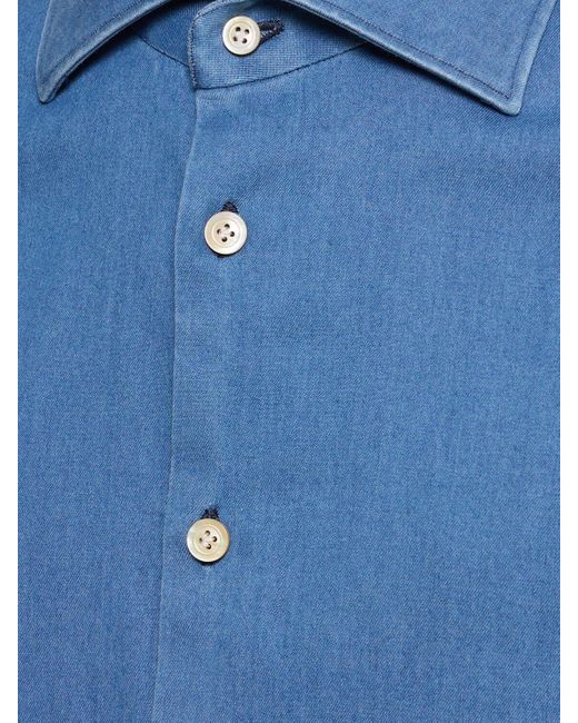 Kiton Blue Washed Cotton Blend Shirt for men