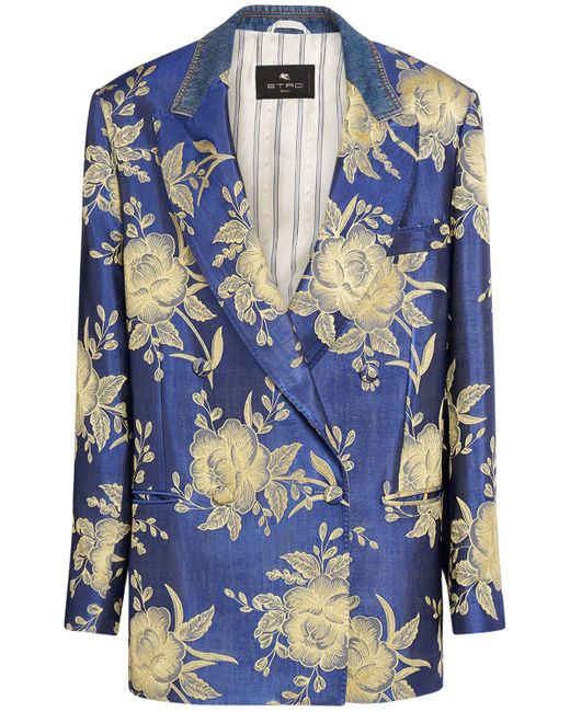Etro Blue Printed Jacquard Double Breasted Jacket