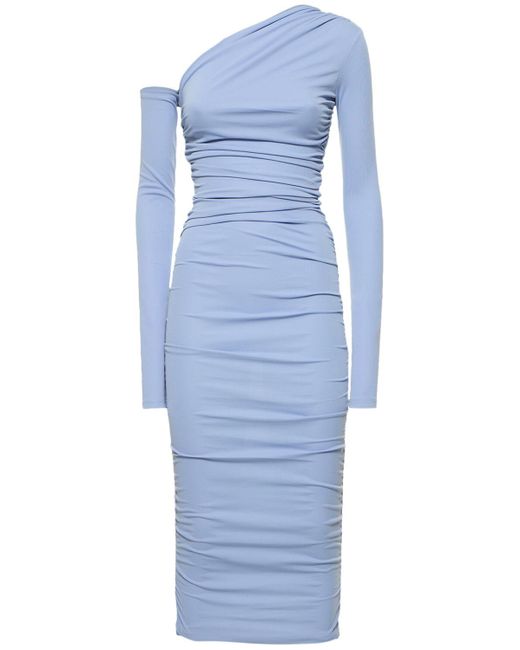 ANDAMANE Blue Olimpia Draped Asymmetric Midi Dress