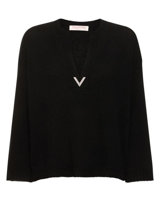 Pull-over en maille de laine col en v Valentino en coloris Black