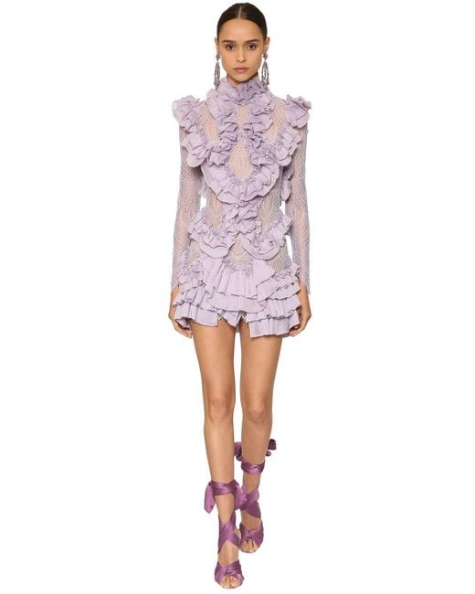 RAISA & VANESSA Purple Pleated & Ruffled Mini Dress W/ Lace