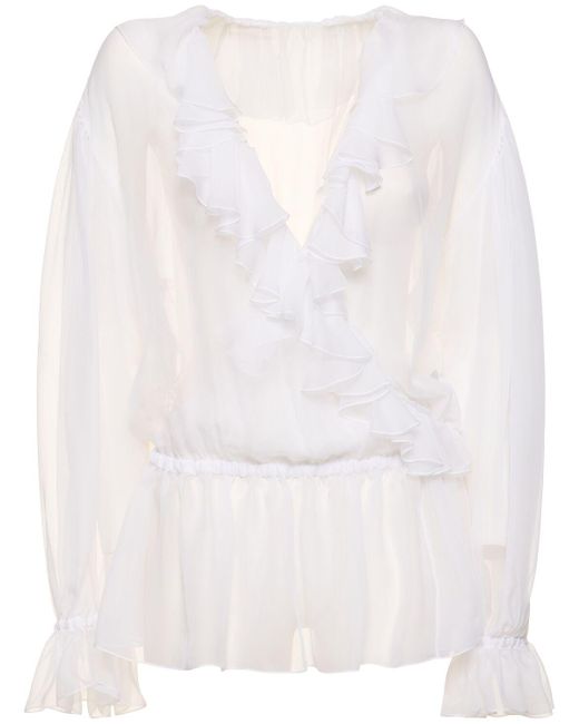 Dolce & Gabbana White Bluse Aus Seide Mit Rüschen