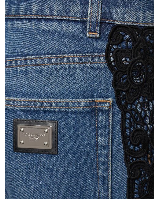 Mujer Jeans De Algodón Con Cintura Alta Y Encaje Dolce & Gabbana de color Blue