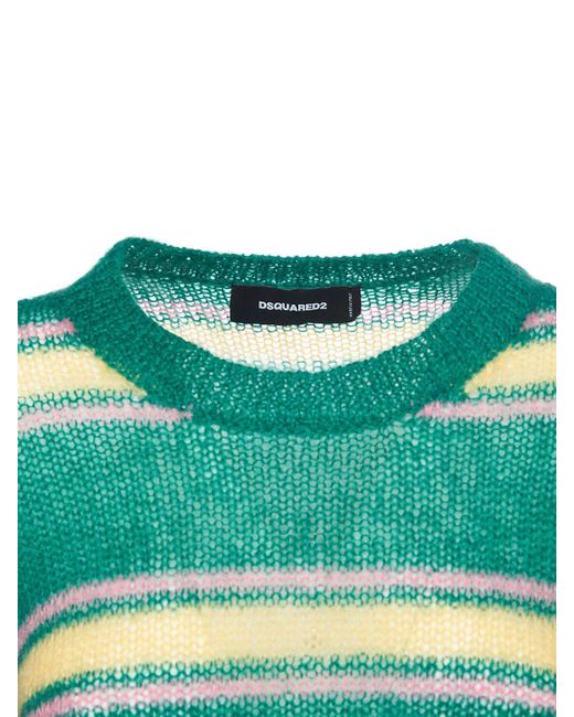 DSquared² Green Striped Mohair Blend Crewneck Sweater