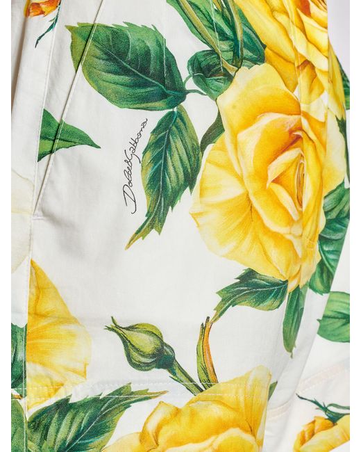 Dolce & Gabbana Yellow Cotton Poplin Rose Printed Shorts