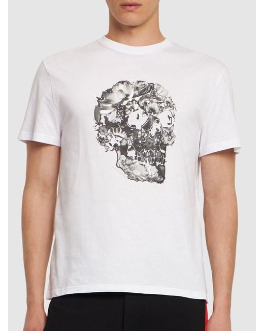T-shirt in cotone con stampa teschio cerata di Alexander McQueen in White da Uomo