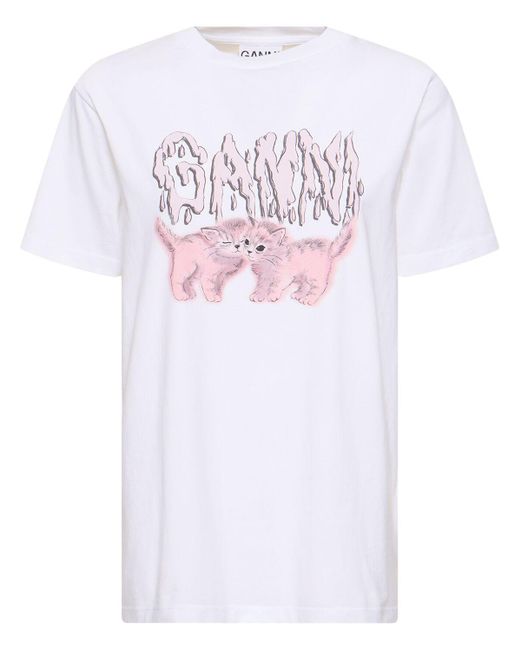 T-shirt relaxed fit cats in jersey di Ganni in White