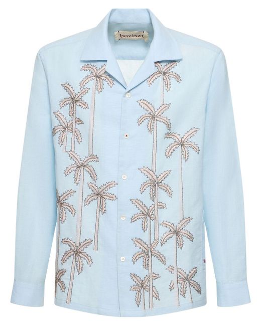BAZISZT Blue Palm Cotton & Hemp Shirt for men