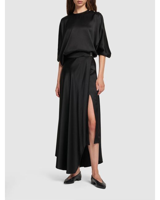 Loro Piana Black Alin Silk Satin Flared Midi Skirt