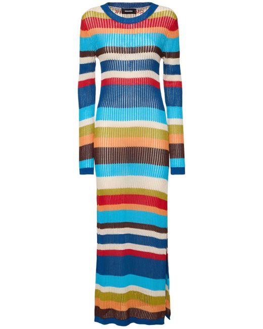 DSquared² Blue Striped Knit Cotton Long Dress