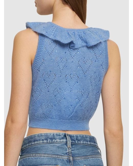 Alessandra Rich Blue Mohair Knit Cropped Vest Top W/ Studs