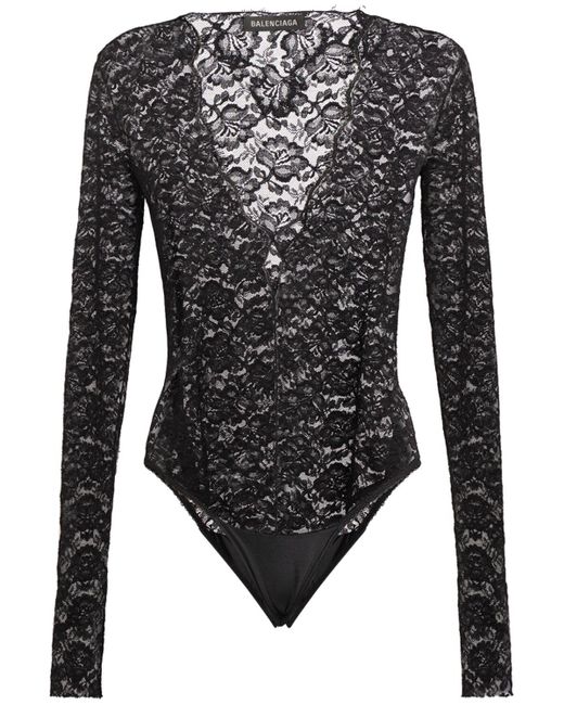 Balenciaga Black Nylon Blend Lace V-neck Bodysuit