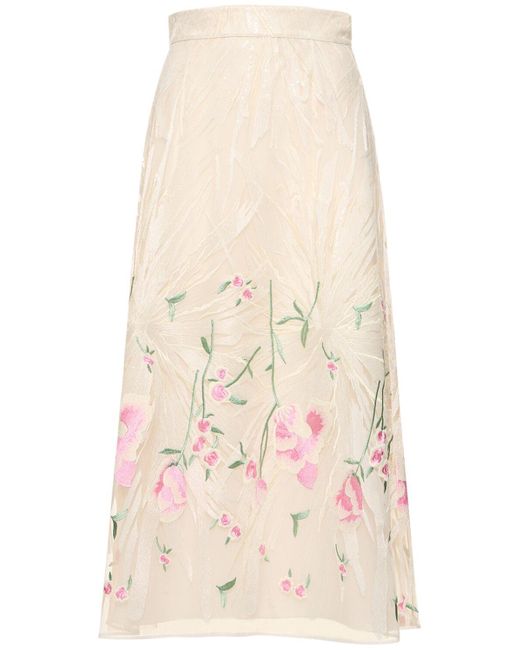 Elie Saab Natural Tulle Embroidered Midi Skirt