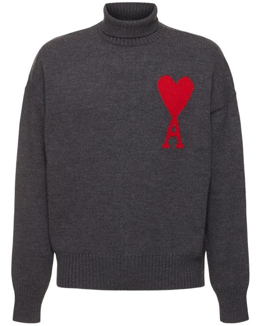 AMI Gray Adc Funnel Neck Wool Sweater for men