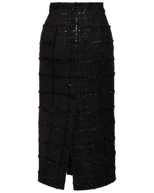Alessandra Rich Black Sequined Checked Tweed Midi Skirt