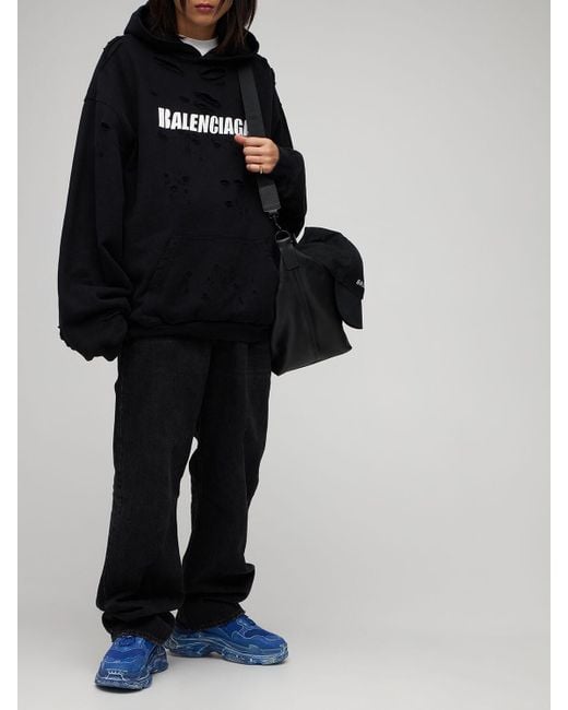 Balenciaga Logo Destroyed Cotton Sweatshirt Hoodie in Black for Men | Lyst  Australia